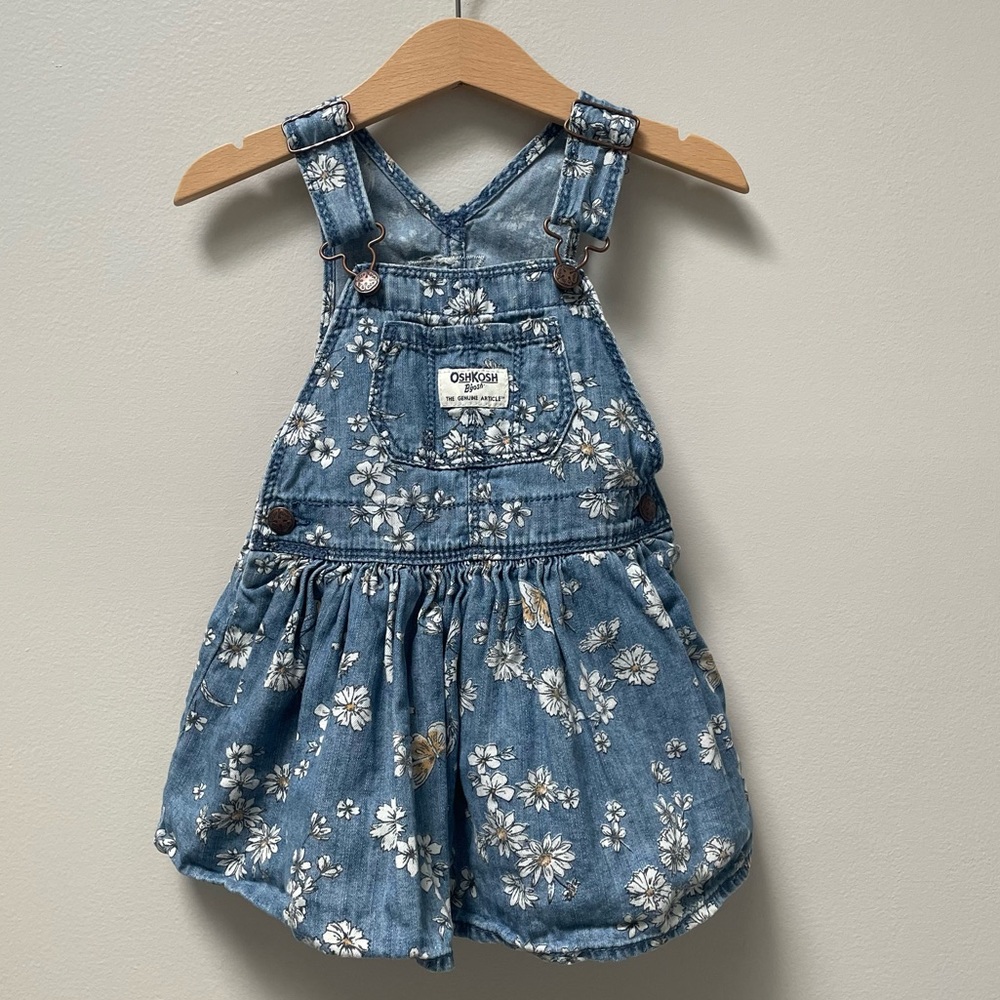 Jean overall dress with flower print, 18 months, EUC